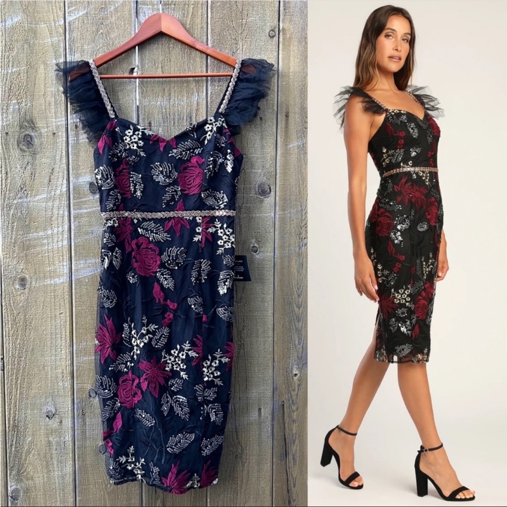Black Showstopper Embroidered Sequin Bodycon Midi Dress 🌿